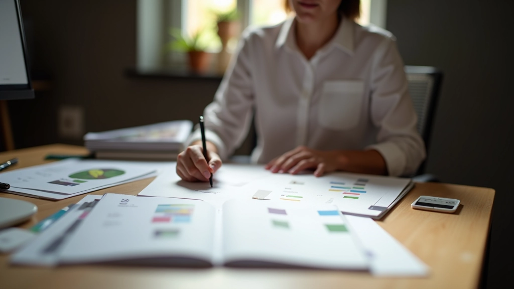 Designer criativo trabalhando em projeto de portfólio, rascunhos e cores espalhados na mesa, ambiente de trabalho artístico