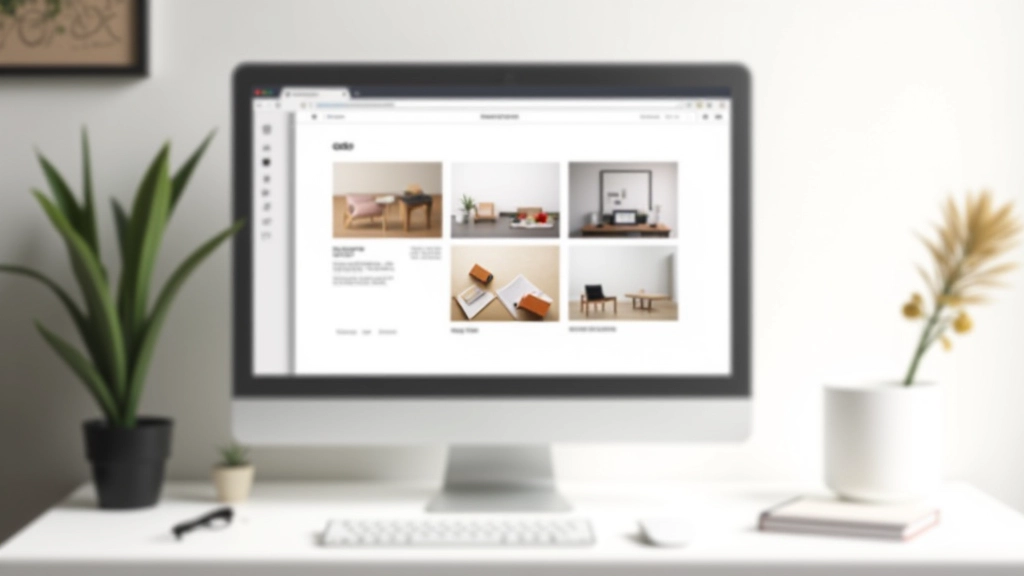 Tela de computador exibindo layout de galeria minimalista com imagens em grid, design limpo e moderno
